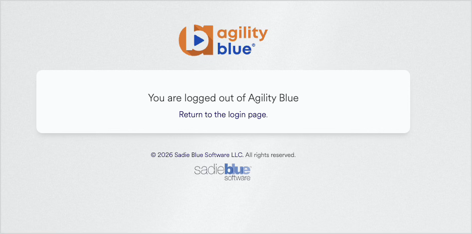 User is logged out of Agility Blue, with a prompt to return to the login page.